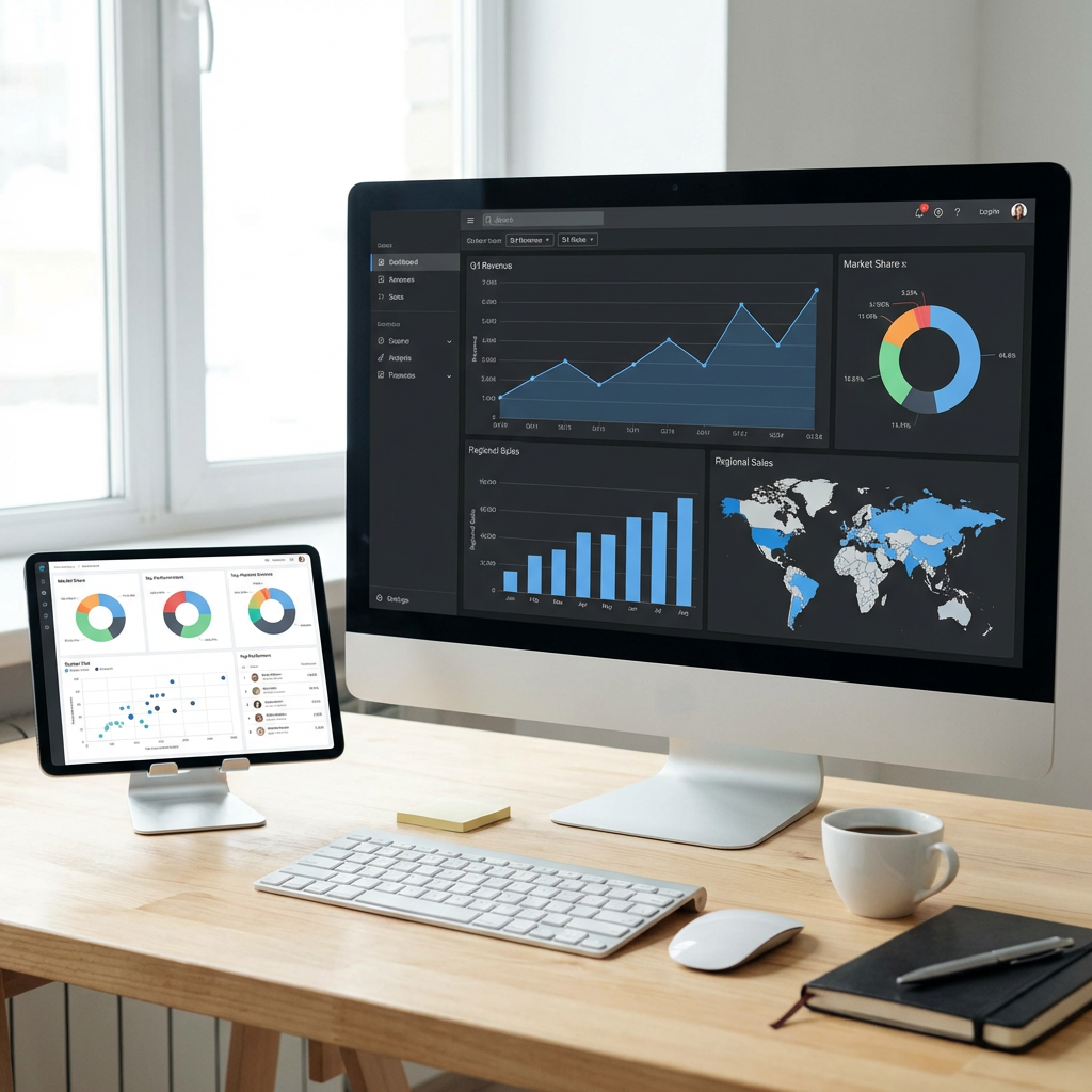 Desktop monitor and tablet displaying business analytics dashboards with charts and global maps.