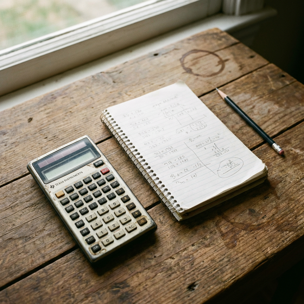 Scientific calculator, spiral notebook with handwritten math equations, and pencil on wooden table.