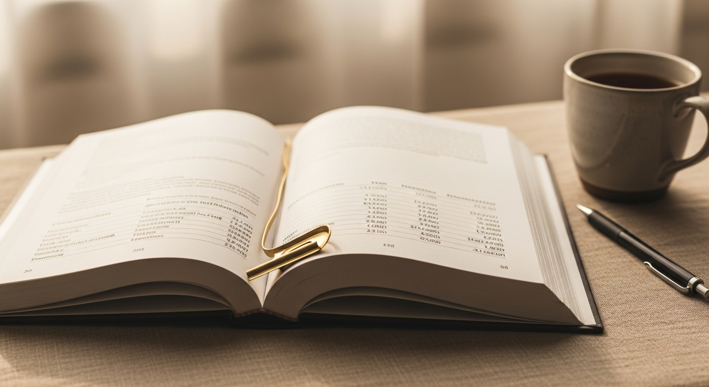 AI_IMAGE: A close-up photograph of an open hardcover reference book lying flat on a warm linen surface, with a page visible showing a clean data table of financial metrics. A brass bookmark clip marks a page. Beside the book, a ceramic cup of tea and a mechanical pencil. Warm, soft, natural light from a window. Muted tones, calm editorial mood. | photorealistic | landscape 16:9