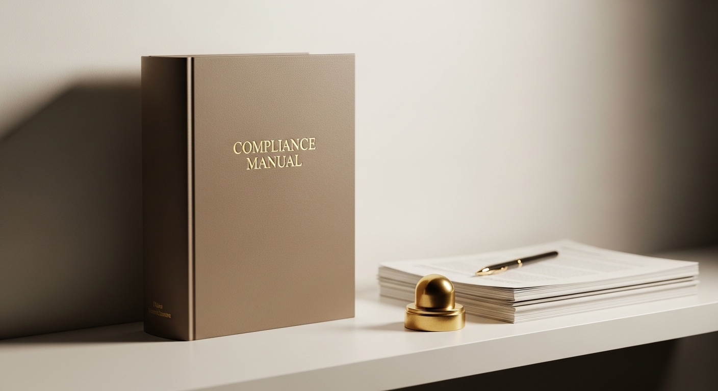 AI_IMAGE: A hardcover compliance manual standing upright on a minimal white shelf beside a small stack of folded documents and a brass paperweight, clean diffused lighting with shallow depth of field, muted warm tones | photorealistic | landscape